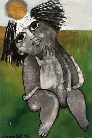 Ans Wortel - Gouache: Figure sitting in the grass - 1975 verkocht voor € 229!