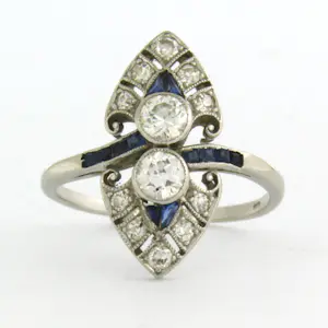 ART DECO Platina ring met saffier en oud Europees slijpvorm geslepen diamanten kopen? Bied vanaf 700!