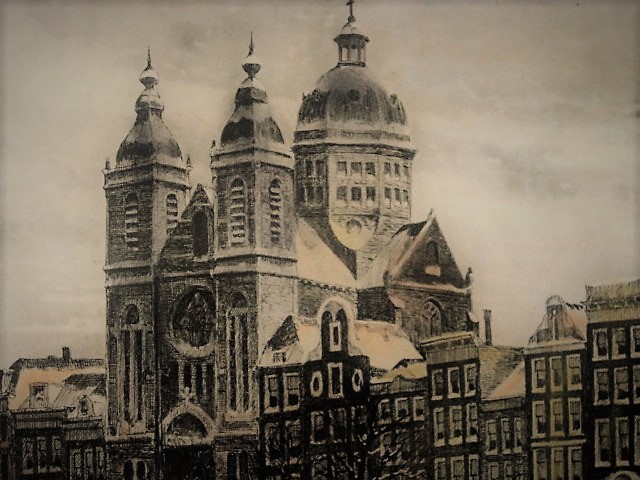 Niet of onleesbaar gesigneerd - Grote kleurenets "Amsterdam Prins Hendrikkade en Nicolaaskerk"  kopen? Bied vanaf 1!