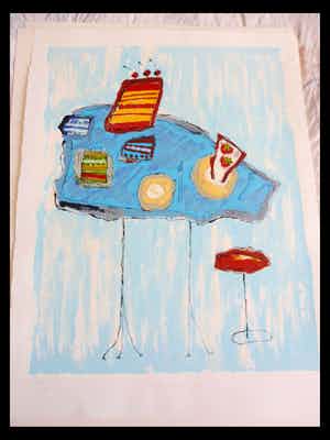 Geke uit de Bosch - Zeefdruk. Titel, "Blauwe taarten tafel". verkocht voor € 40!