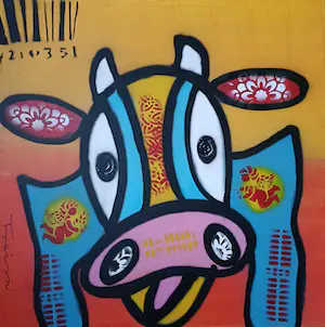 Niet of onleesbaar gesigneerd - Kleurrijk schilderij van een happy cow kopen? Bied vanaf 1!