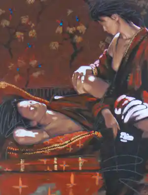 Nico Vrielink - HALFNAAKTE VROUWEN MET KIMONO / KLEURZEEFDRUK / 101x71cm / SIG verkocht voor € 45!