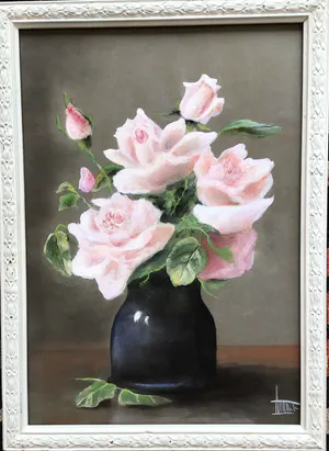 Niet of onleesbaar gesigneerd - Roze rozen in vaas, gesigneerd en ingelijst kopen? Bied vanaf 1!