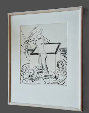Hannes Postma - Grote in 2005 gemaakte houtskool tekening "Pandora's paddling" goed ingelijst kopen? Bied vanaf 58!