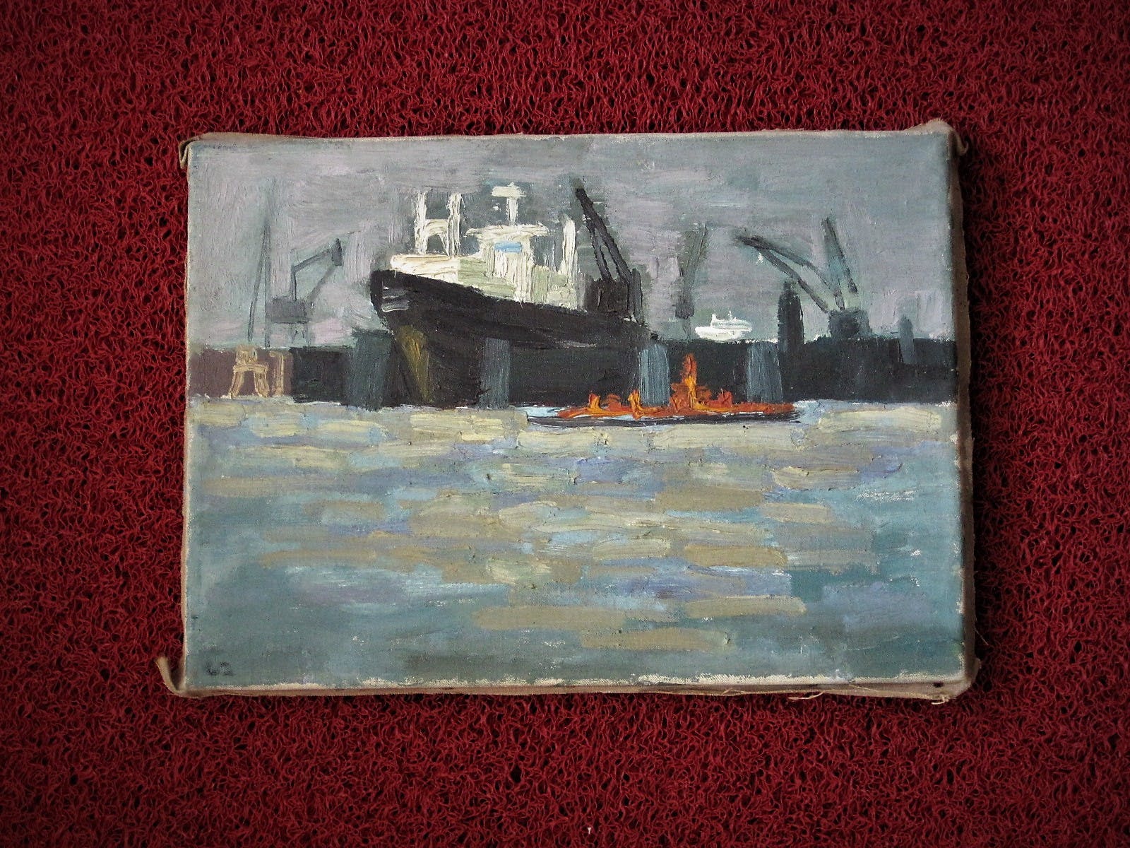 Niet of onleesbaar gesigneerd - Oud impressionistisch olieverf op doek "Haven van Amsterdam" monogram "AT" kopen? Bied vanaf 1!