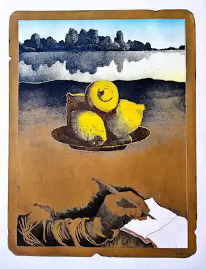 Manuel Menan - grote reliëf Ets & Aquatint "landschap met citroenen" kleine oplage (30) verkocht voor € 45!