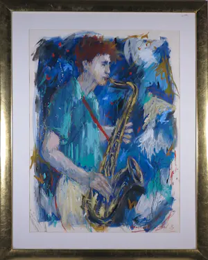 Annemarie de Groot - Acryl op papier, Saxofoon speler - Ingelijst (Groot) kopen? Bied vanaf 80!