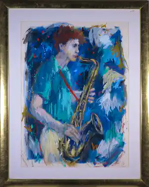 Annemarie de Groot - Acryl op papier, Saxofoon speler - Ingelijst (Groot) kopen? Bied vanaf 80!
