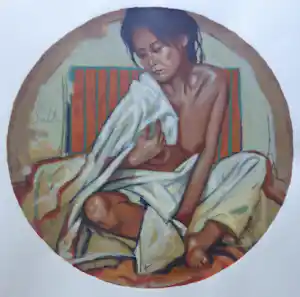 Nico Vrielink - HALFNAAKTE ZITTENDE VROUW / KLEURZEEFDRUK / 62x61cm / SIG verkocht voor € 45!