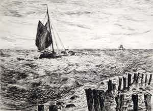 Willem Jans Dijk - Zeilende Tjalk op de Zuiderzee, ets, nieuwstaat verkocht voor € 90!