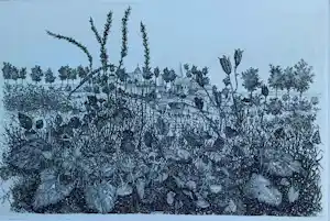 Willem Minderman - landschap met dorpje op achtergrond - jaren '70 kopen? Bied vanaf 45!