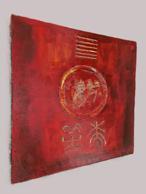 Walter van Oel - groot reliëf rood gelakt olieverf op doek "honouring Chinese characters" kopen? Bied vanaf 99!