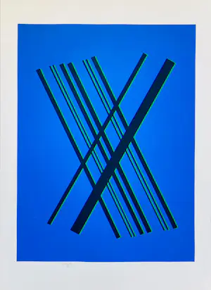 Willem Hussem - Compositie met gekruiste lijnen in blauw, zwart en groen kopen? Bied vanaf 225!