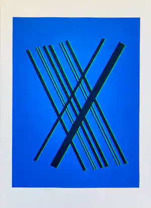 Willem Hussem - Compositie met gekruiste lijnen in blauw, zwart en groen kopen? Bied vanaf 225!