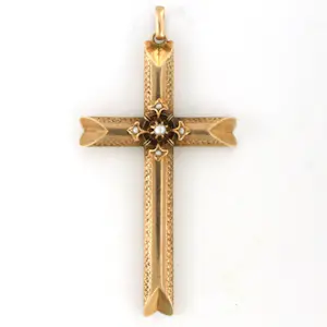 Victoriaanse 14k rosé gouden kruis hanger met parels kopen? Bied vanaf 360!