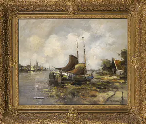 H. Noordam - Olieverf op doek, Aangemeerde boten - Ingelijst kopen? Bied vanaf 1!