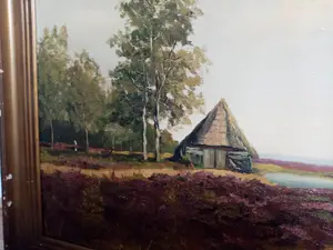 Niet of onleesbaar gesigneerd - Mooi olieverf schilderij van een landschap met een hutje op de hei kopen? Bied vanaf 1!