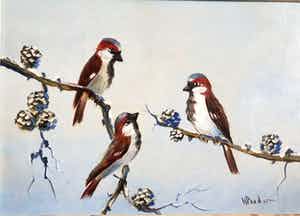 Henk Poeder - Drie kleine vogels in een winterse omgeving verkocht voor € 35!