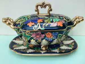 Faience Hubert Bequet - Grote soepterrine met onderschotel verkocht voor € 30!