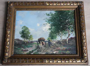 Jozef Gindra - Boer in Brabants landschap (omgeving Bladel) - olieverf in een kapitale lijst kopen? Bied vanaf 295!