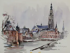 Jan Korthals - Aquarel: Stadsgezicht van Amersfoort - 1963 kopen? Bied vanaf 115!