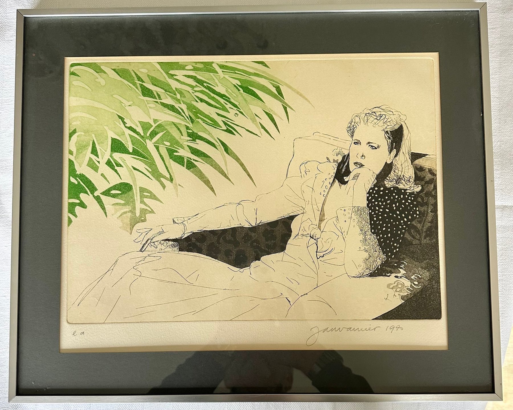 Jan Vanriet - Liggende vrouw op sofa – kleurenets – E.A. – gesigneerd en gedateerd 1970 kopen? Bied vanaf 150!