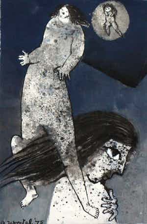 Ans Wortel - Gouache: Three figures at night - 1975 verkocht voor € 229!
