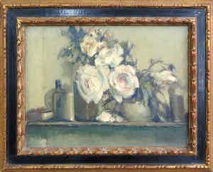 Willem Jansen - Olieverf op doek, Stilleven met witte rozen - Ingelijst verkocht voor € 87!