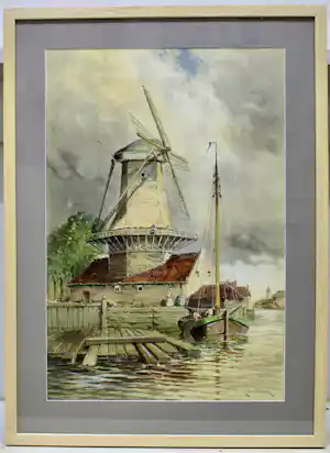 Hermanus Koekkoek (jr.) - Een Hollandse molen aan het water verkocht voor € 275!