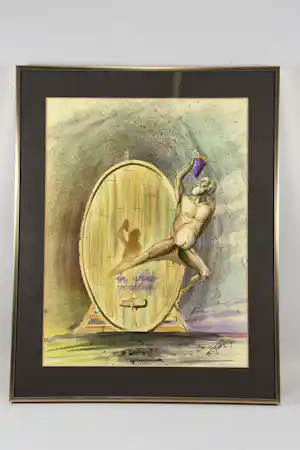 Fabrice Hybert - IN VINO VERITAS, Nackter Weingeist vor Holzfass. Aquarell signert, 1991 verkocht voor € 49!