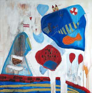 Geke uit de Bosch - Acryl en collage op doek, Traveling (Groot) verkocht voor € 120!