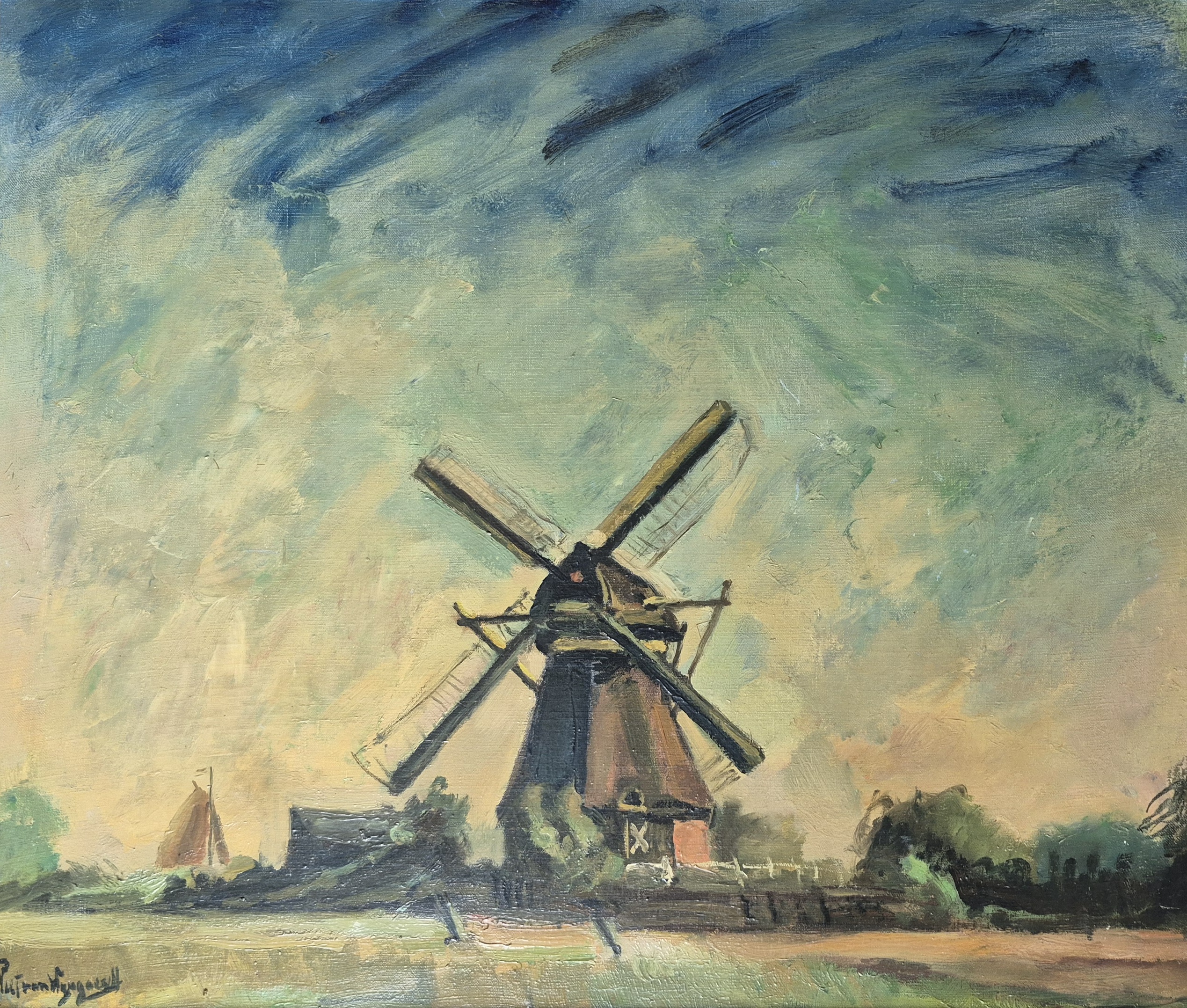 Piet van Wijngaerdt - olie op doek - molen a/d polder, gesigneerd kopen? Bied vanaf 450!