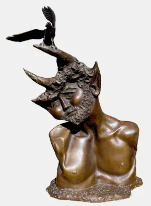 Aat Veldhoen - Faun en vogel, bronzen beeld op sokkel (groot, zwaar, unica) kopen? Bied vanaf 1350!