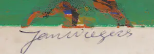 Jan Wiegers - Houtsnede, Landschap in blauw, rood en groen - Ingelijst kopen? Bied vanaf 200!