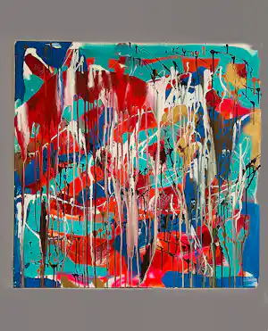 Rick Triest - "Spetterende" en (goud)kleurige (100x100cm) gemengde techniek op doek kopen? Bied vanaf 80!