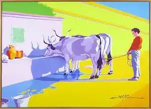 Marco Kooiman - Acryl op doek, Boy and thirsty oxen - Ingelijst (Groot) verkocht voor € 300!