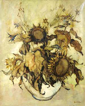 Frans Meijer - Olieverf op doek, Stilleven met zonnebloemen verkocht voor € 100!