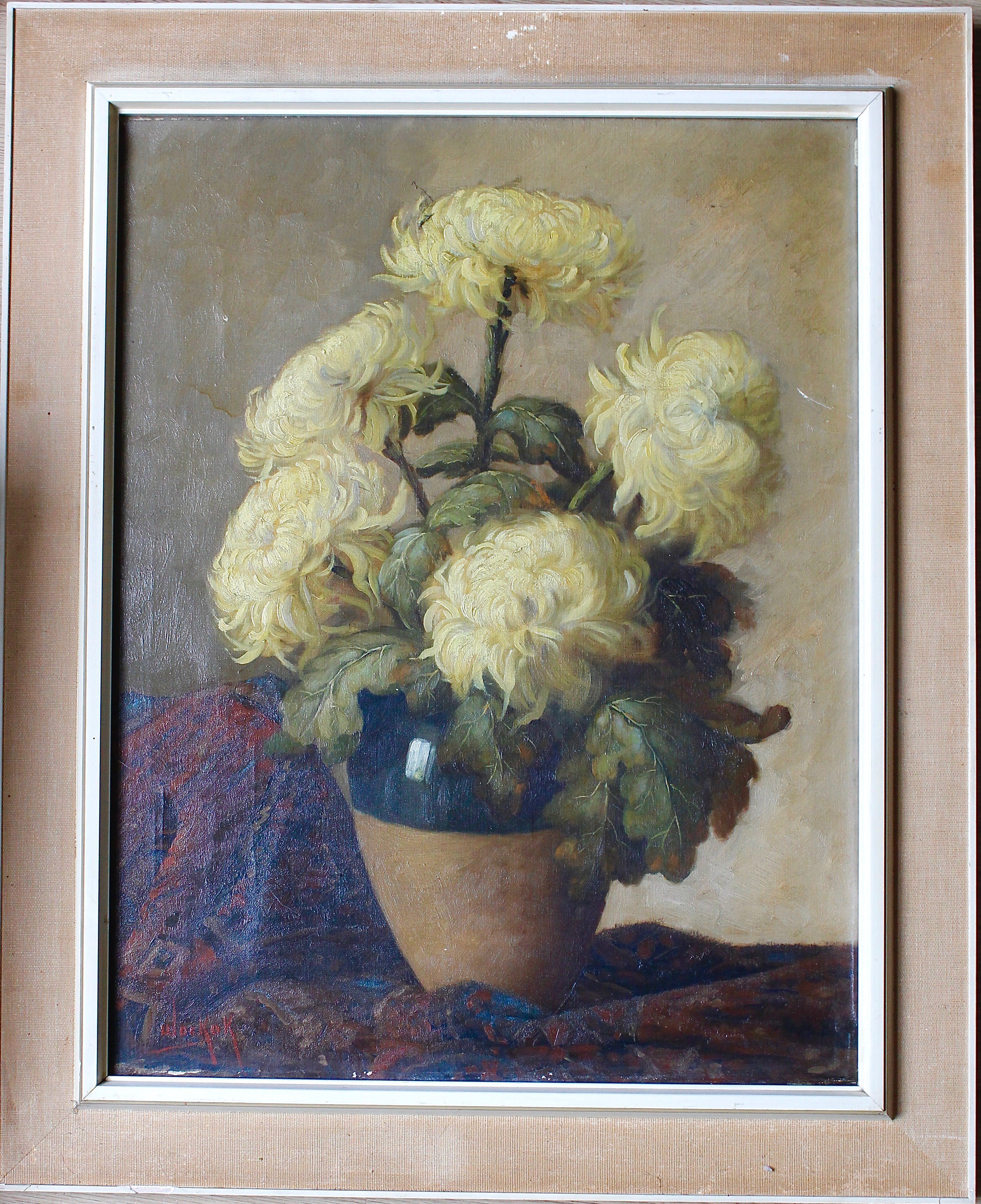 Willem de Kok - Stilleven van Chrysanten in fles op perzisch tapijt kopen? Bied vanaf 39!