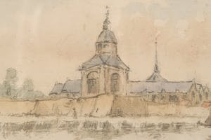 Charles Leickert - Aquarel en potlood, Vue en Tryptique d'une ville Hollandaise - Ingelijst kopen? Bied vanaf 200!