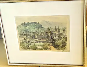 Hans Figura - Farbradierung auf Seide "Salzburg" im Rahmen (27 x 30 cm) sehr guter Zustand kopen? Bied vanaf 70!