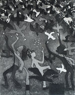 Harry van Kruiningen - Ingelijste ets & aquatint , Kinderen voeren vogels – winter 1979 kopen? Bied vanaf 1!