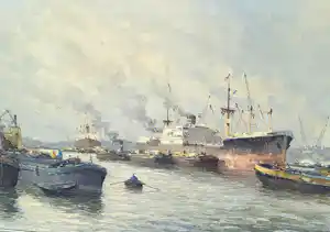 Marius de Jongere - olie op doek - Rotterdamse havenzicht, gesigneerd verkocht voor € 515!