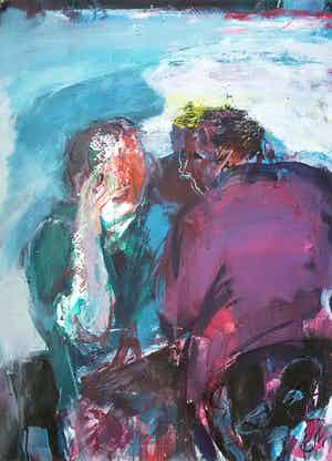 Piet Vos - Personen, acrylverf op papier (mooi ingelijst, groot) verkocht voor € 123!