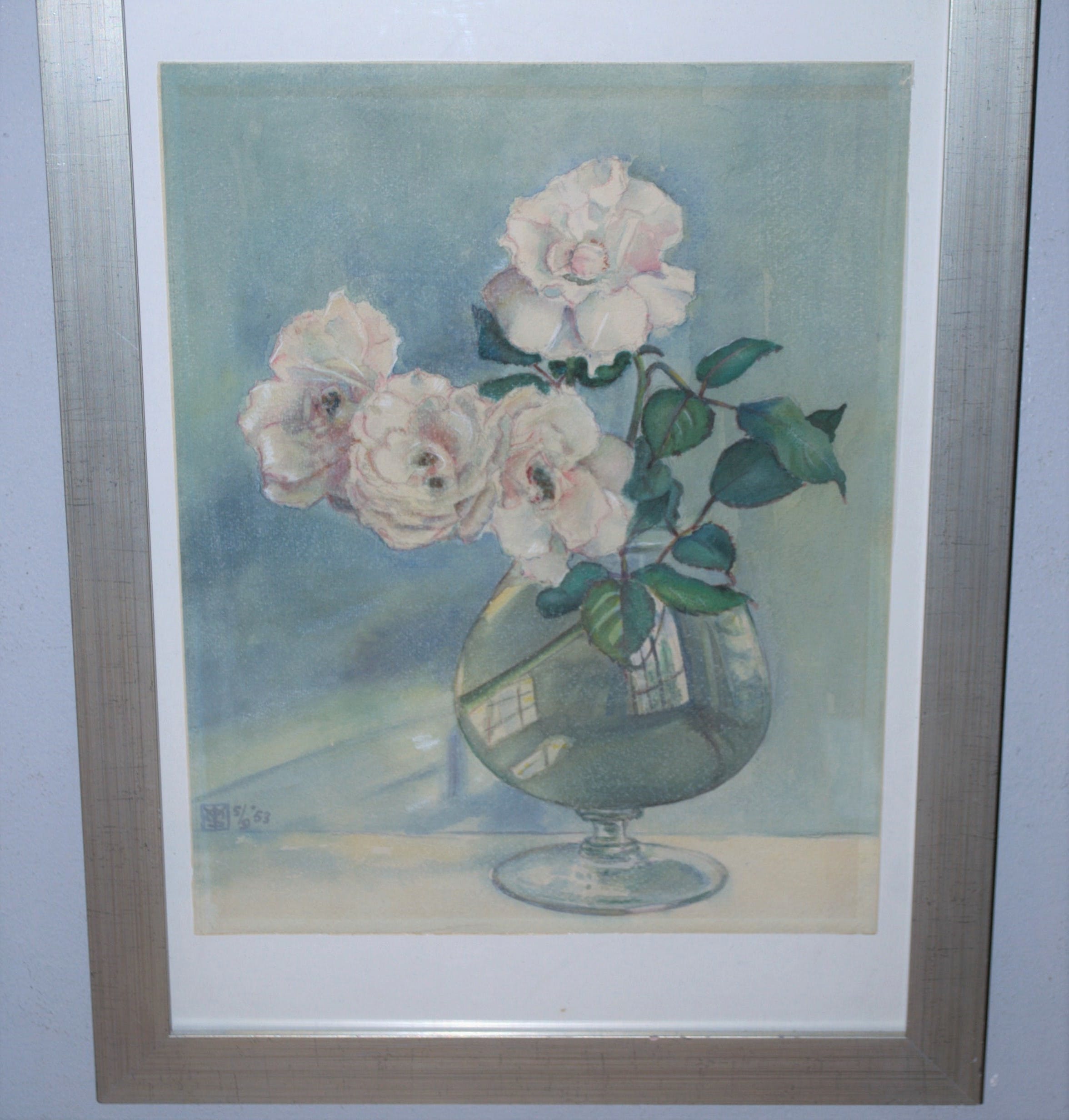 Niet of onleesbaar gesigneerd - rozen in een glas - aquarel 1953, met monogram kopen? Bied vanaf 1!