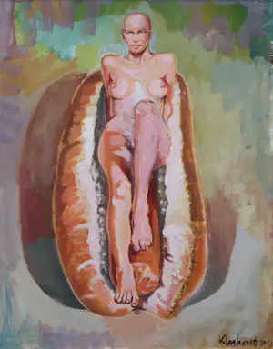 Peter Klashorst - Acryl en print op doek, Naakt op een hotdog kopen? Bied vanaf 200!