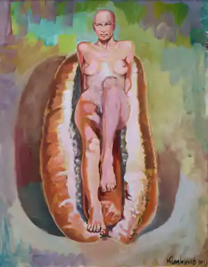 Peter Klashorst - Acryl en print op doek, Naakt op een hotdog kopen? Bied vanaf 200!