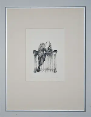 Hans Leyerzapf - Man klimt over een balustrade - ets kopen? Bied vanaf 75!