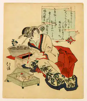 Totoya Hokkei - Houtdruk, Geisha met een kistje bamboescheuten verkocht voor € 110!