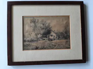 Piet Schipperus - Ets, Boerderij met paart en wagen. kopen? Bied vanaf 25!