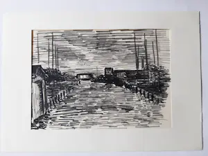 Hugo Liebe - Krijttekening, Haventje te Rijpwetering bij avond. kopen? Bied vanaf 20!